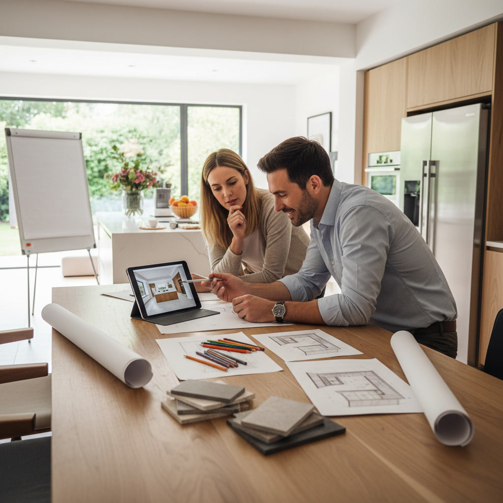 Kitchen design consultation with contractor reviewing floor plans and material samples