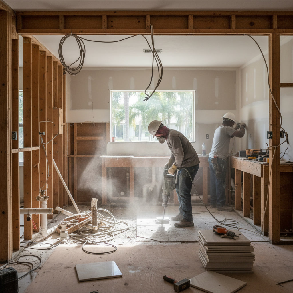 Rough plumbing and electrical work during kitchen remodel construction phase
