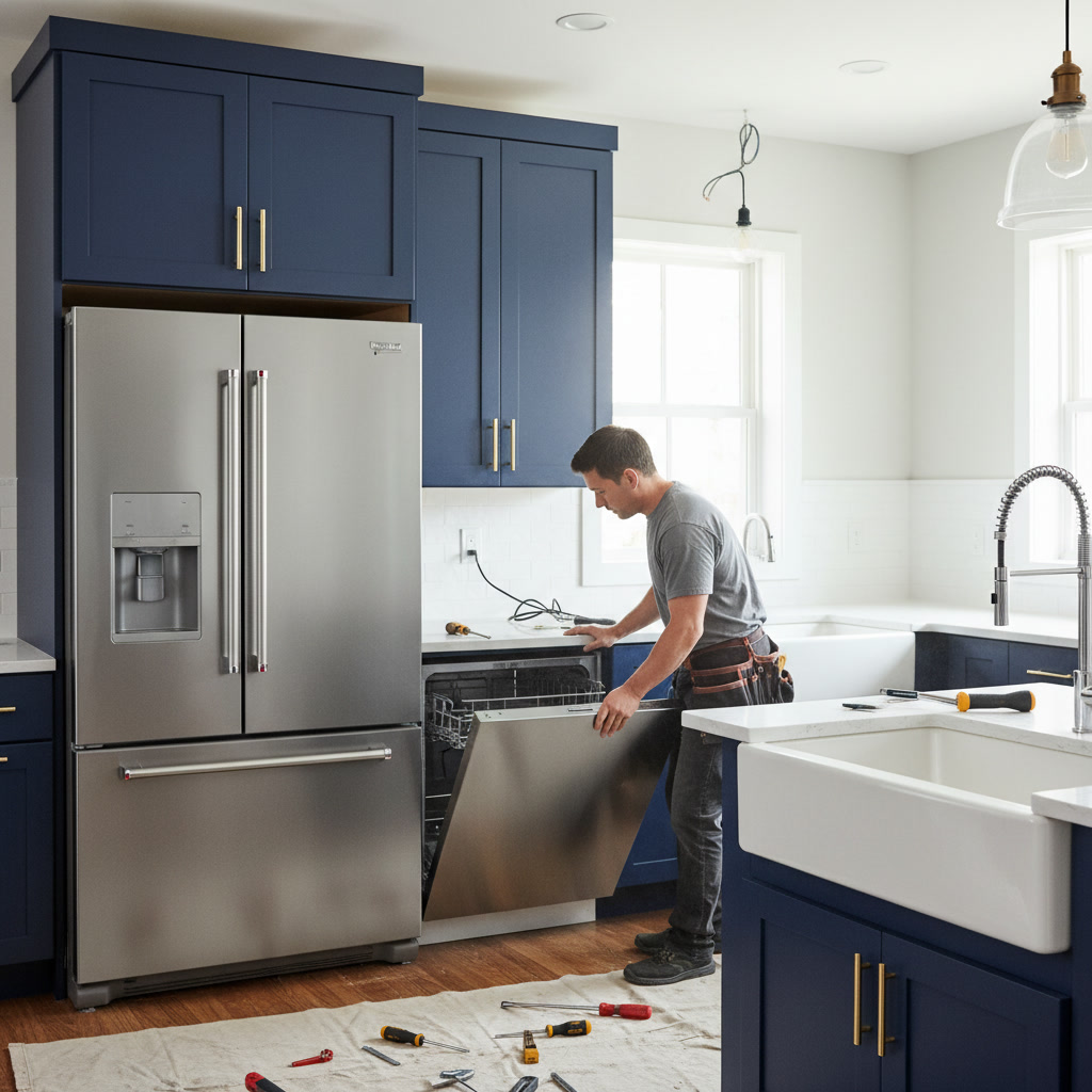 New kitchen appliances being installed with custom cabinetry and countertops