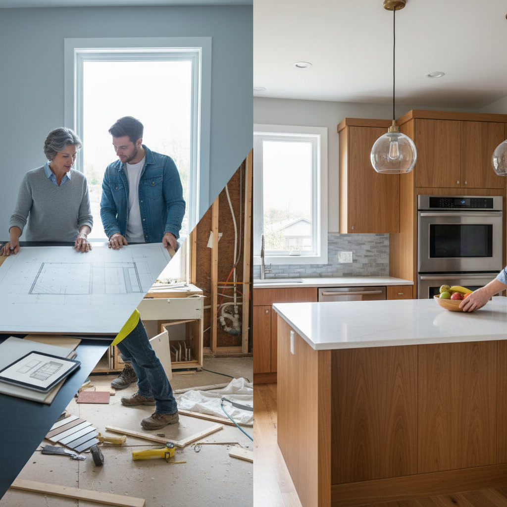 Modern kitchen remodel with white cabinets, stone countertops, and wood flooring