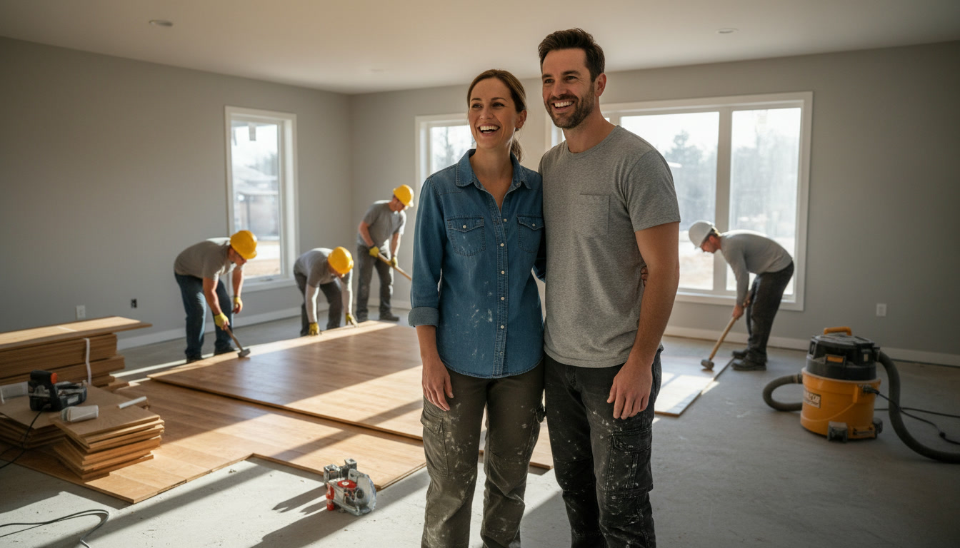 Hardwood floor installation in Coral Springs home with precise plank fitting
