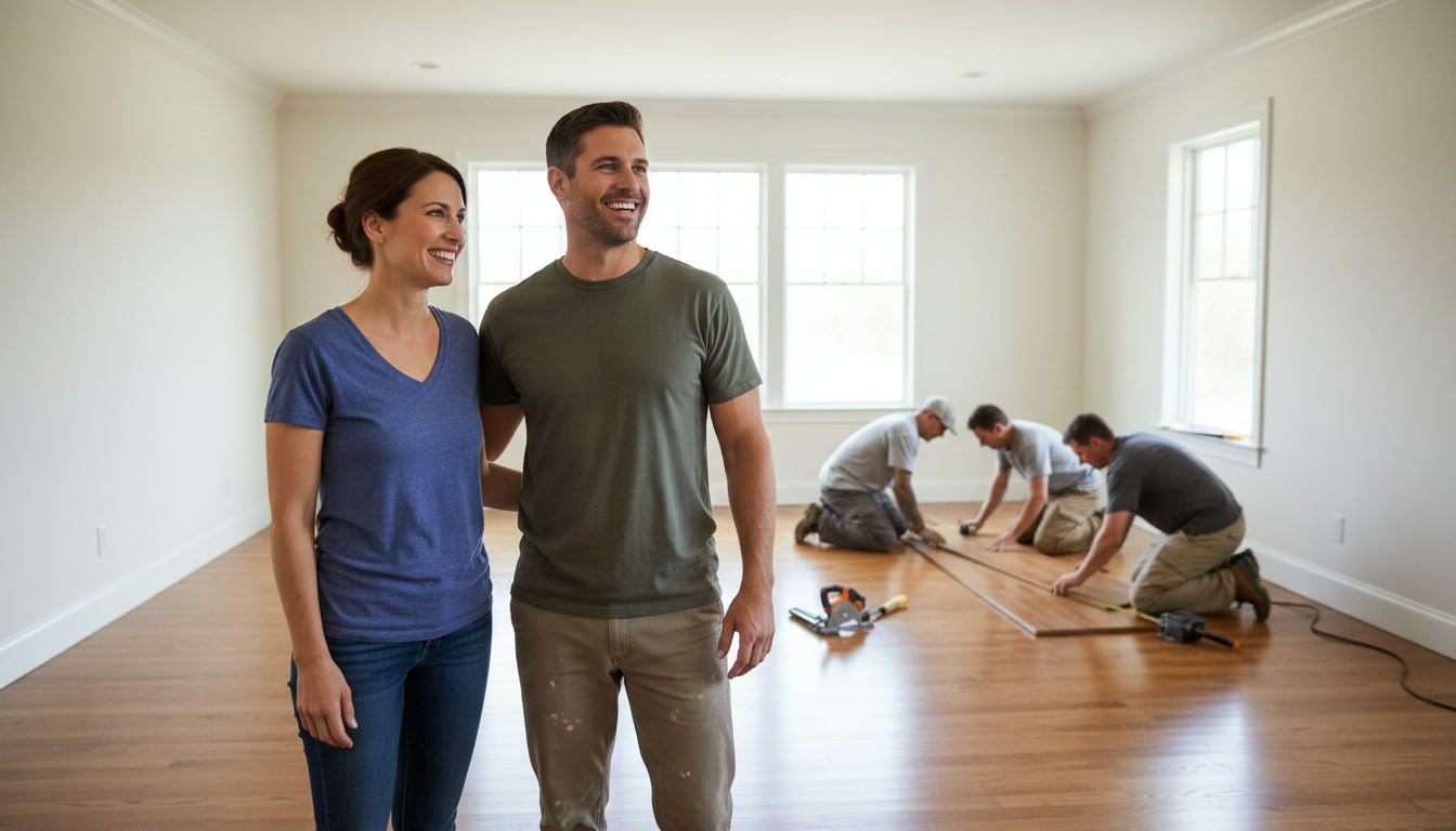 Installer measuring hardwood flooring planks during floor installation in Deerfield Beach home