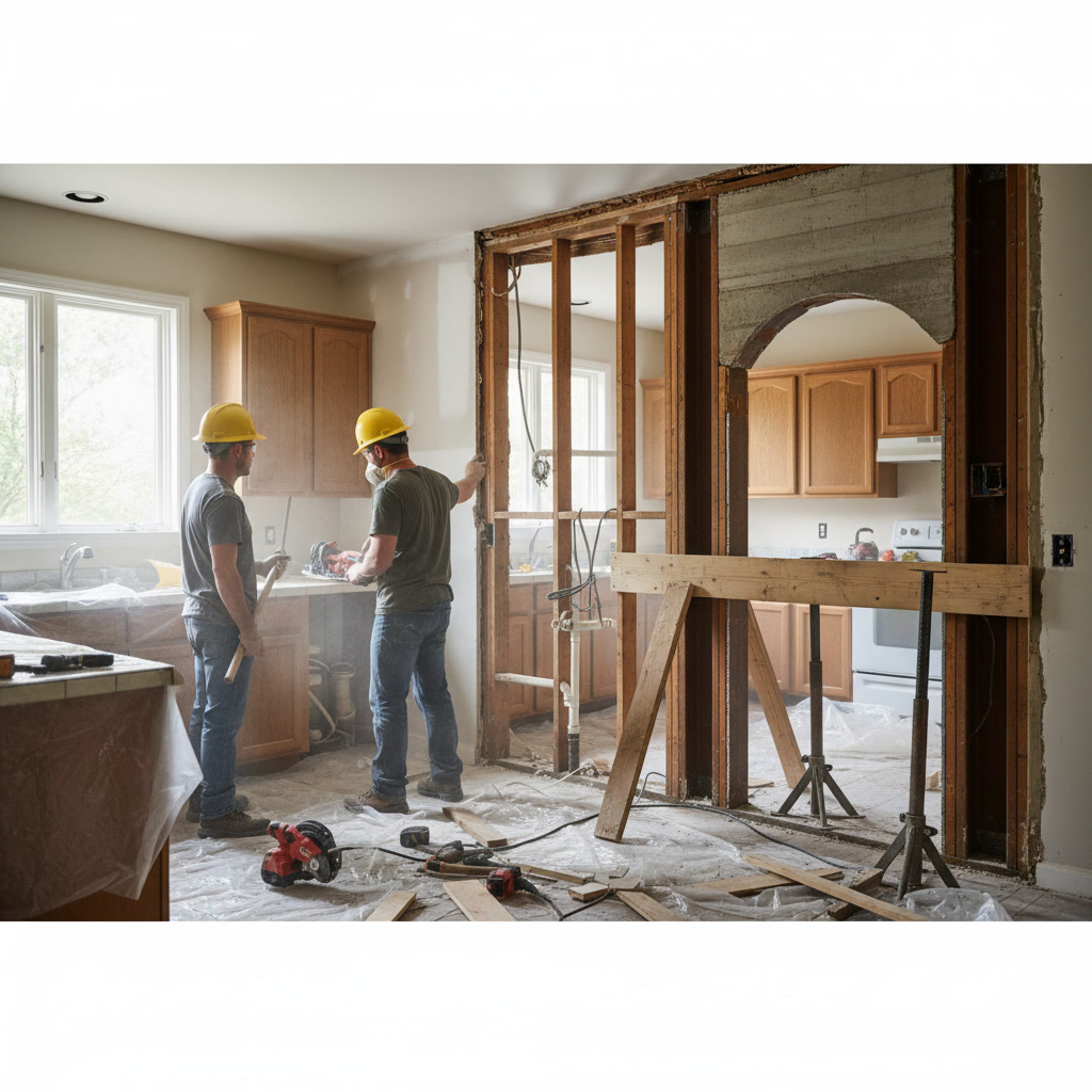 Structural engineer assessing load-bearing wall before kitchen wall removal remodel