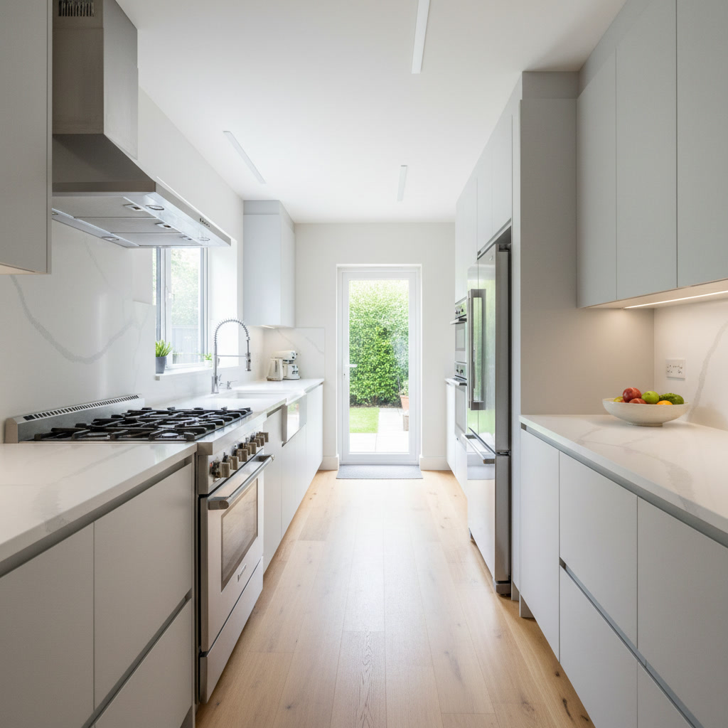Galley kitchen remodel layout with parallel counters and efficient workflow