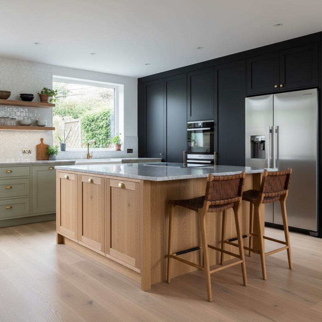 Kitchen cabinet material samples including solid wood plywood and MDF