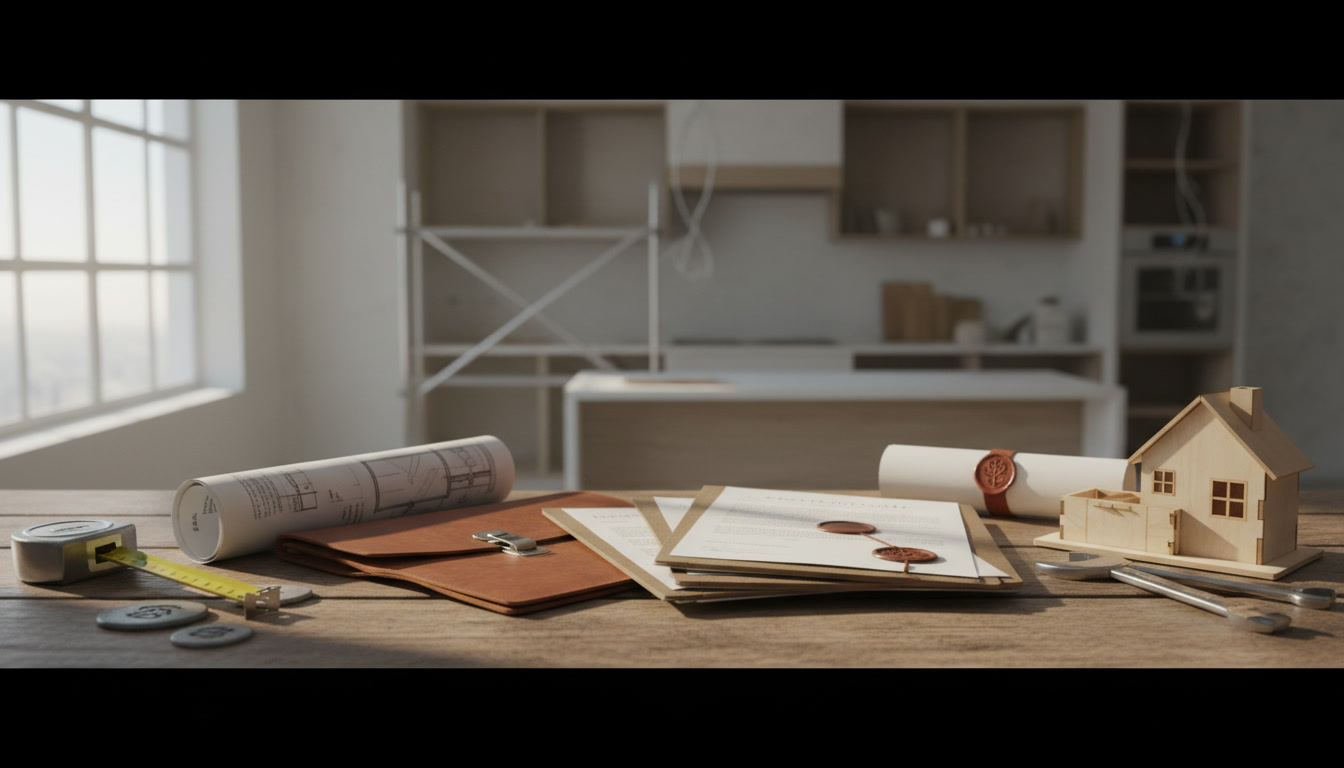 Kitchen remodeling contract documents on table with contractor meeting homeowner