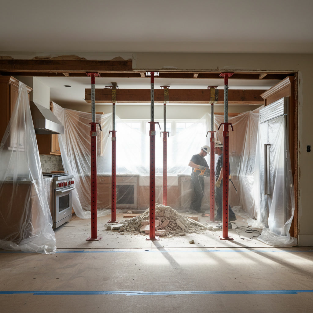 Temporary support beams installed during load-bearing wall removal