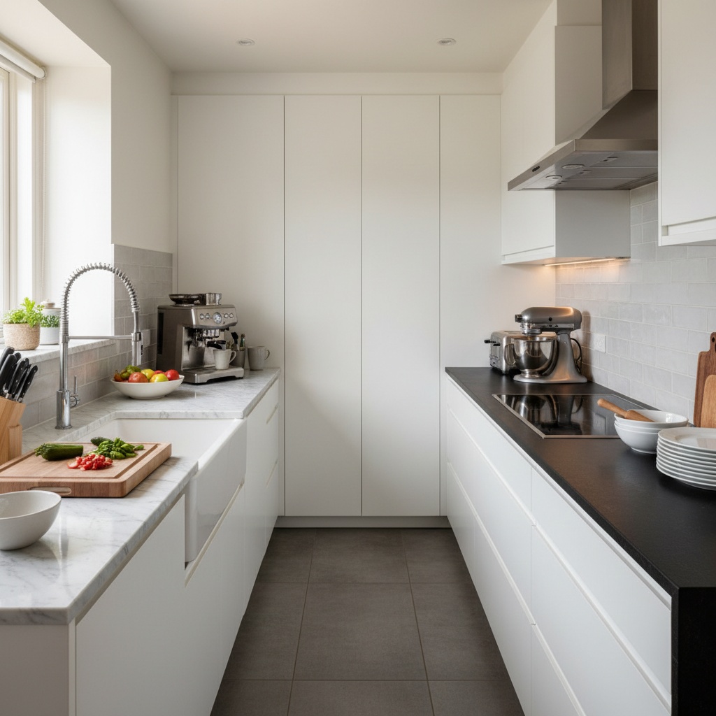 Peninsula kitchen layout with extended counter and seating area