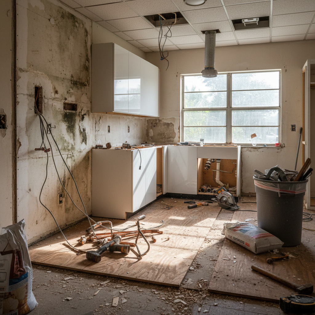 Florida building inspector reviewing kitchen electrical and plumbing work