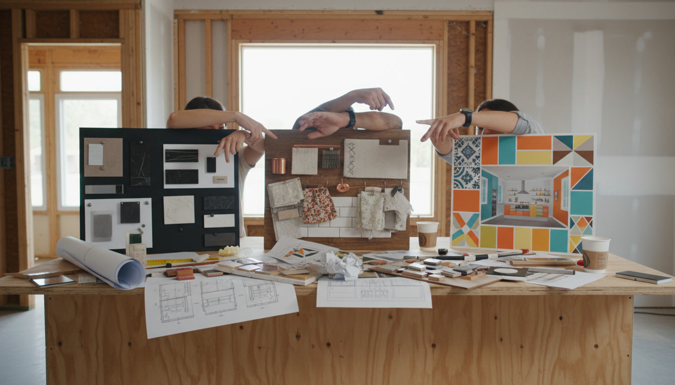 Kitchen designer reviewing material samples and layout plans with homeowner