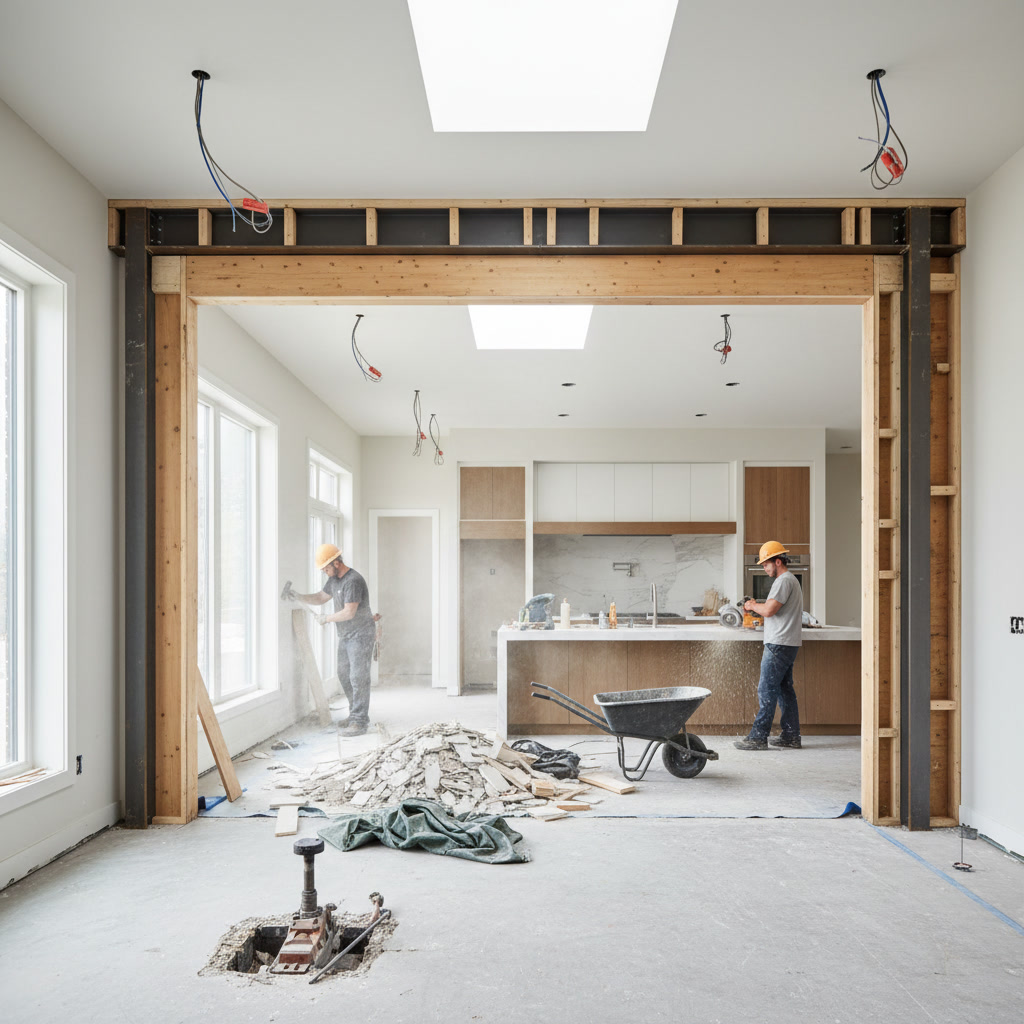 Open concept kitchen after professional wall removal and structural beam installation