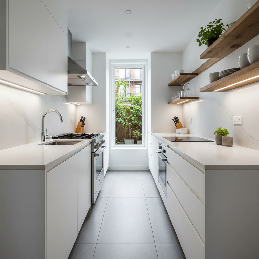 Modern galley and peninsula kitchen layout comparison showing efficient small space design