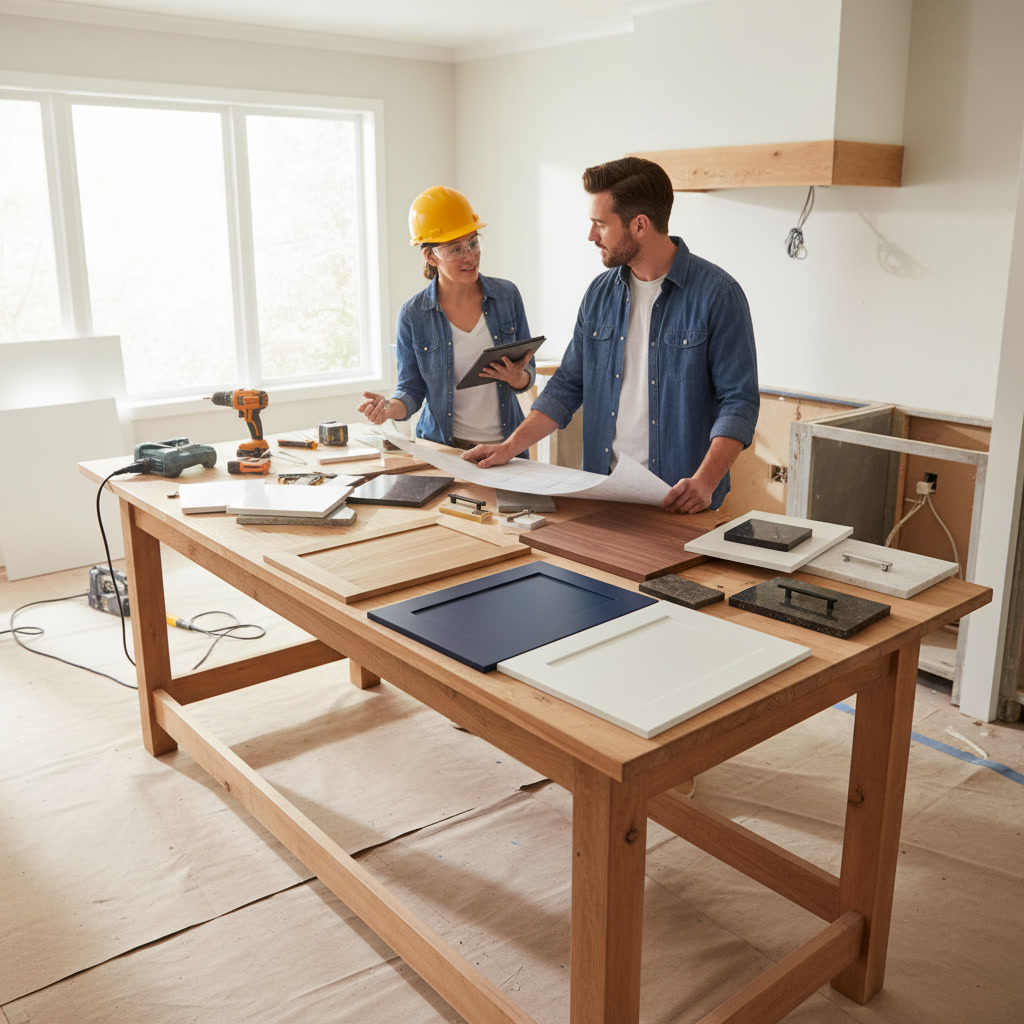 Modern kitchen with custom wood cabinets during remodeling project