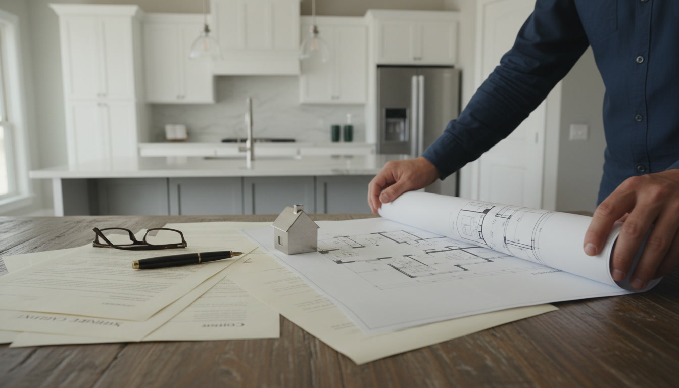 Professional contractor discussing kitchen remodeling contract with homeowner at kitchen table